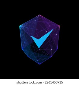 Check mark sign on shield futuristic vector illustration. Low poly wireframe art. Digital polygonal protection sign on blue background. Vivid technology security concept
