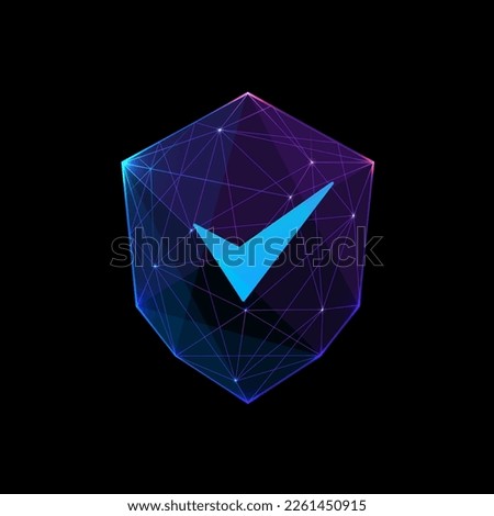 Check mark sign on shield futuristic vector illustration. Low poly wireframe art. Digital polygonal protection sign on blue background. Vivid technology security concept
