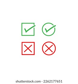 Check mark sign. Right and wrong button symbol for quiz or vote. Yes or No choice, pass or not pass. Green tick mark as right chooce amd red cross mark as wrong choice in flat design.