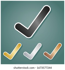 Check mark sign. Set of metallic Icons with gray, gold, silver and bronze gradient with white contour and shadow at viridan background. Illustration.