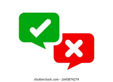 check mark sign in speech bubble square isolated on white, checkmark yes or no vote in speech box symbol, correct choice x or confirm and deny icon, cross or right for question, label talk ok and deny