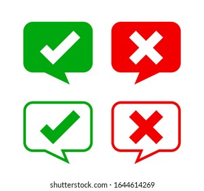 check mark sign in speech bubble square isolated on white, checkmark yes or no vote in speech box symbol, correct choice x or confirm and deny icon, cross or right for question, label talk ok and deny