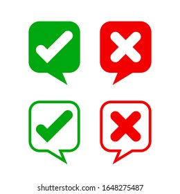 check mark sign in speech bubble square isolated on white, checkmark yes or no vote in speech box symbol, correct choice x or confirm and deny icon, cross or right for question, label talk ok and deny