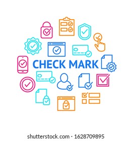 Check Mark Signs Thin Line Round Design Template Ad Include of Box, Circle, Button, Checkbox and Hand. Vector illustration