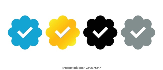 Check mark stamp approval icon vector isolated, checkbox seal verified guarantee, recommended blue and orange and gray and black label with checkmark tick, proven best quality tag, success certified.