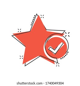 Check mark with star icon in comic style. Add to favorite cartoon vector illustration on white isolated background. Bookmark splash effect business concept.