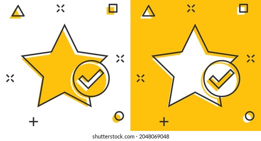 Check mark with star icon in comic style. Add to favorite cartoon vector illustration on white isolated background. Bookmark splash effect business concept.