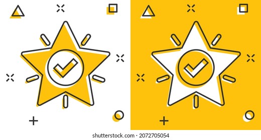 Check mark with star icon in comic style. Add to favorite cartoon vector illustration on white isolated background. Bookmark splash effect business concept.