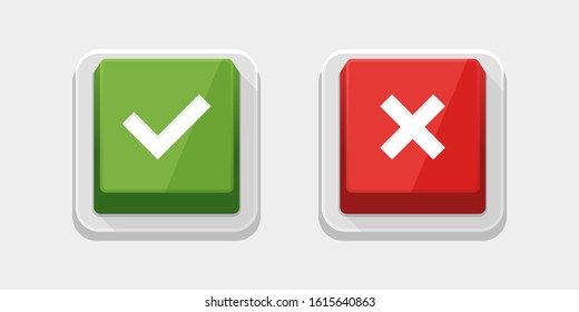 Check Mark Stickers and Buttons. Red and Green. 3d square push buttons set. Vector illustration.