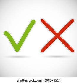 Check mark stickers, Green Tick and red cross signs. Button for vote YES and NO. Vector