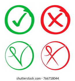 Check mark stickers, Green Tick and red cross signs. Button for vote YES and NO. Vector illustration.