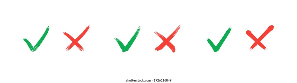 Check mark - stock vector. Tick and cross brush signs. Hand drawn Grunge Green checkmark OK and red X, Painted with Brush symbols YES and NO. Symbol icons check boxes, choice options, survey signs.