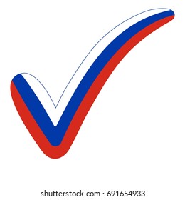Check mark style Russia flag symbol elections, voting and approval, vector concept check mark Russian Federation tick RU, presidential elections Putin