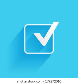 Check mark symbol, flat icon isolated on a blue background for your design, vector illustration