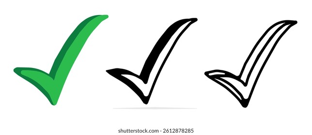 Check mark symbol in green and black outline style. Minimalist tick sign icon representing confirmation, approval, success, and correctness. Perfect for business presentations, websites, applications,