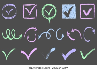 Check mark symbol with green tick hand drawn checkbox sketch icon vector illustration pen brush circle box business sign vote ok design crayon isolated transparent chalk smear

