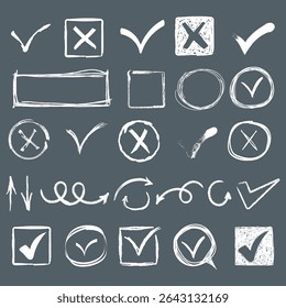 Check mark symbol with green tick hand drawn checkbox sketch icon vector illustration pen brush circle box business sign vote ok design crayon isolated transparent chalk smear

