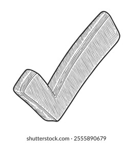 Check Mark Symbol, Hand-Drawn Vector, Graphic Style, Cartoon Illustration, Black and White, Sketch Style, Isolated on White Background