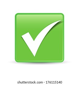 Check mark symbol and icon on green button for approved design concept and web graphic on white background.