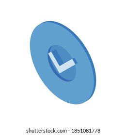 Check mark symbol isometric icon. Agreement mark in blue circle. Positive checklist choice voting and success confirmation of result. Choice buying in online market vector illustration.