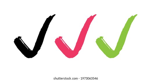 Check Mark symbol set. Tick or Confirm sign black, red and green brush stroke hand drawn collection. Vector illustration.