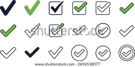Check mark symbol set tick sign for correct choice, approval, acceptance, or verification in various styles