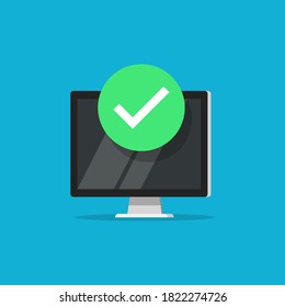 Check mark with task completion on the monitor on a blue background. Vector EPS10