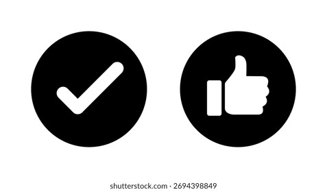 Marca de verificación y pulgar hacia arriba icono en círculo negro. Garrapata y como símbolo