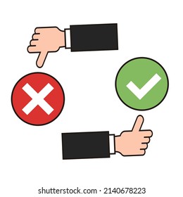 Check mark and thumbs up. Cross mark and bad sign. Vector.