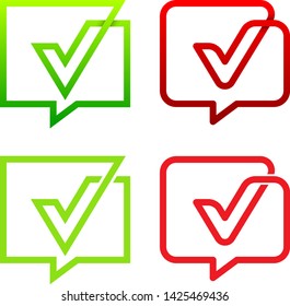 Check mark or Tick approve Logo with Negative space and linear in Chat or Talk sign, Speech bubble shape Symbols, Social Media Communication and Connection icon, Digital Technology Business Concept
