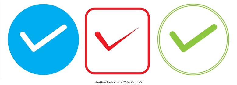 Check mark tick or correct icon. Different icons checklist vector design. Check-mark icon for business, office, poster, and web designs. Icons collections