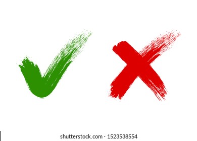 Check mark, tick and cross brush signs, green checkmark OK and red X icons, symbols YES and NO button for vote, decision, election choice, web - vector