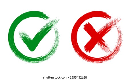 Check mark, tick and cross brush signs, green checkmark OK and red X icons, symbols YES and NO button for vote, decision, election choice, web - for stock