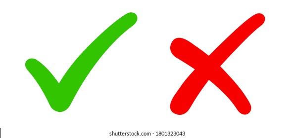 Check mark, tick and cross brush signs, green checkmark OK and red X icons, symbols YES and NO button for vote, decision, election choice icon - stock vector