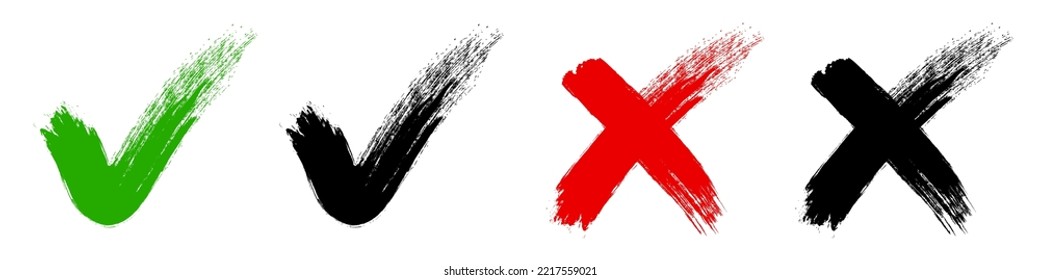 Check mark, tick and cross brush signs, green checkmark OK and red X icons, black symbols YES and NO button for vote, decision, election choice, web - stock vector