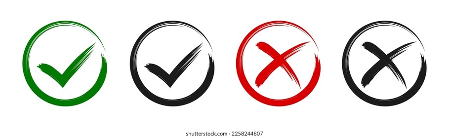 Check mark, tick and cross brush signs, green checkmark OK and red X icons, symbols YES and NO button for vote, decision, election choice, web - vector