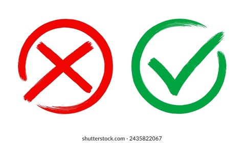 Check mark, tick and cross brush signs, green check mark OK and red X icons, symbols YES and NO button for vote, decision, election choice - vector