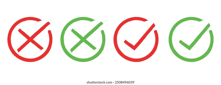 Check mark, tick and cross brush signs, Two dirty grunge cross x and tick OK check marks in check boxes, symbols YES and NO button for vote,  hand drawn with brush strokes vector illustration