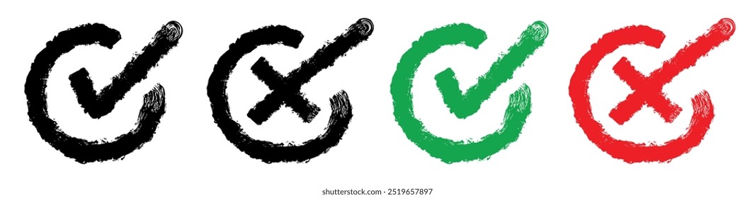 Check mark, tick and cross brush drawn symbol