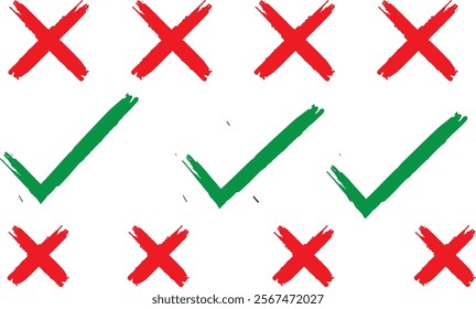 check mark, tick mark, and cross brush sign red checkmark and red X icons, buttons for vote, election choice decision, web.