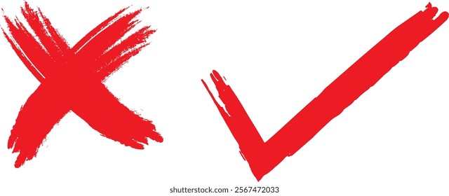 check mark, tick mark, and cross brush sign red checkmark and red X icons, buttons for vote, election choice decision, web.