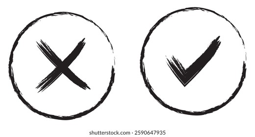 Check mark, tick and cross brush signs, green check mark OK and red X icons, symbols YES and NO button for vote, decision, election choice - vector
