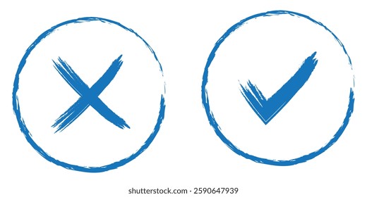Check mark, tick and cross brush signs, green check mark OK and red X icons, symbols YES and NO button for vote, decision, election choice - vector