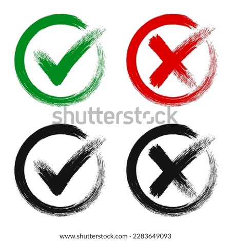 Check mark, tick and cross brush signs, green checkmark OK and red X icons, symbols YES and NO button for vote, decision, election choice, web - vector for stock