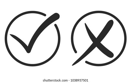 Check mark, Tick and cross icon. Black signs. Vector illustration.
