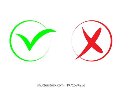Check mark, Tick and cross icon. Green and red signs. Vector illustration