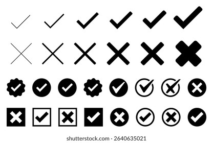 Check mark tick cross mark icon set verified badge icons approved button set check box correct right wrong buttons yes no checkmark black white buttons