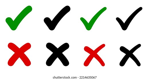 Marcas de verificación, marcas de graduación y cruces, marcas de verificación verdes iconos de OK y X rojos, símbolos SÍ y NO botón para votar, decisión, elección, web - vector