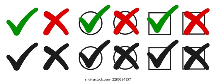 Check mark, tick and cross signs, green checkmark OK and red X icons, symbols YES and NO button for vote, decision, election choice