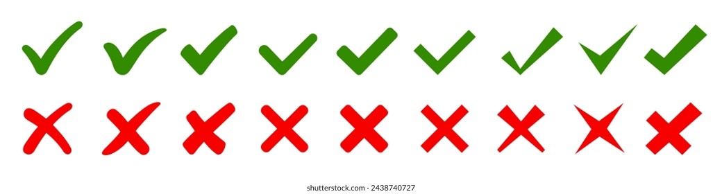 Check mark, tick and cross signs set, green checkmark OK and red X icons, symbols YES and NO button for vote, decision, election choice, web – vector